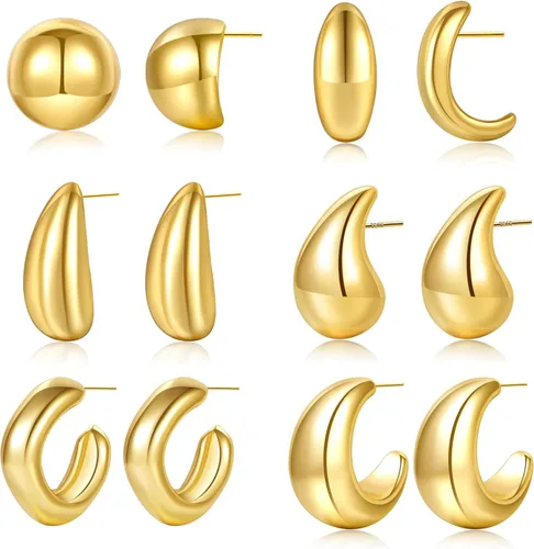 LOUMILEO 6 Pairs Chunky Gold Hoop Earrings Set for Women 14K Gold Plated Teardrop Waterdrop Earrings Dupes Lightweight Hypoallergenic Gold Earrings
