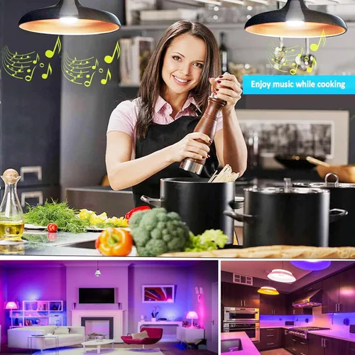 Vista 2 de Bombilla inteligente con altavoz Bluetooth y RGB controlado multicolor ajustable y regulable por aplicación inalámbrica bombilla de altavoz de música