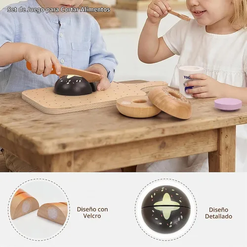 Vista 2 de PairPear Comida de madera para la cocina de los niños, juego de simulación Juguete de madera para cortar alimentos panadería con bolsa de compras
