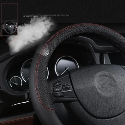 Vista 4 de SHIAWASENA Funda para volante de coche, cuero, ajuste universal de 15 pulgadas, antideslizante y sin olor (negro)