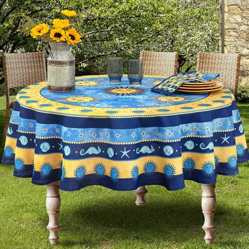 Home Bargains Plus Mantel redondo de tela azul solar, 70 pulgadas, resistente a arrugas, al agua y a las manchas, mantel mediterráneo, conchas de