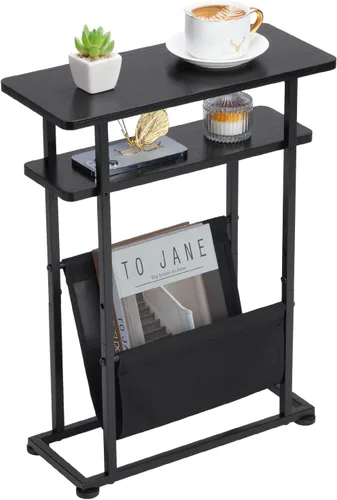 Mesa auxiliar estrecha y pequeña para espacios pequeños, mesa auxiliar delgada con revistero, mesa auxiliar estrecha para sala de estar, sofá, Negro