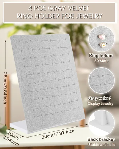 Vista 2 de Henoyso 4 piezas de anillo de terciopelo exhibición 50 ranuras en forma de L anillo soporte bandeja soporte para la venta de joyas de pendientes