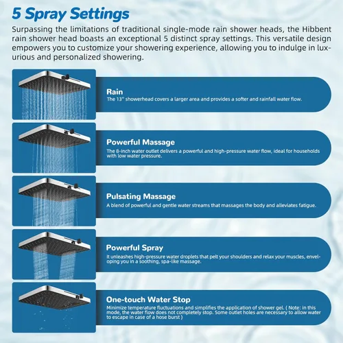 Vista 2 de Hibbent Combo de Cabezal de Ducha de Lluvia con Doble Filtro de 5 Chorros, Cabezal de Ducha de Alta Presión de 13'' con Ducha de Mano de 10 Modos
