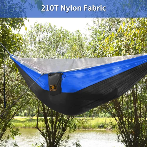 Vista 6 de Hamaca de campamento, hamacas portátiles con mosquitera, hamaca de paracaídas de nailon ligera con correas de árbol de 10 pies, equipo de campamento