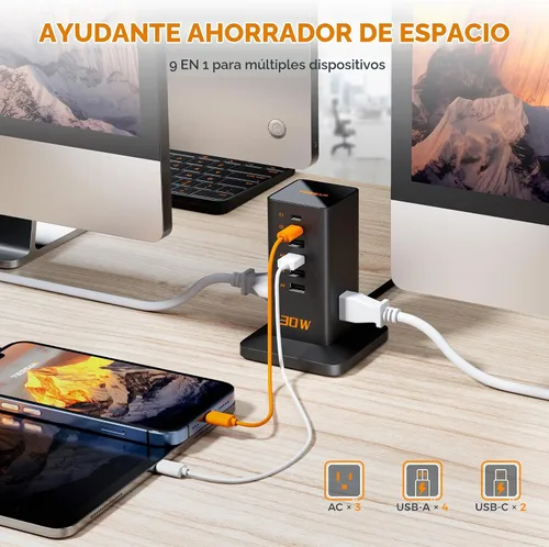Vista 3 de Estación de Carga PD 100W, TESSAN Multifuncional de 9 Entradas USB C para iPhone 17/16/15, MacBook, Tablet, Cargador Rápido de Escritorio