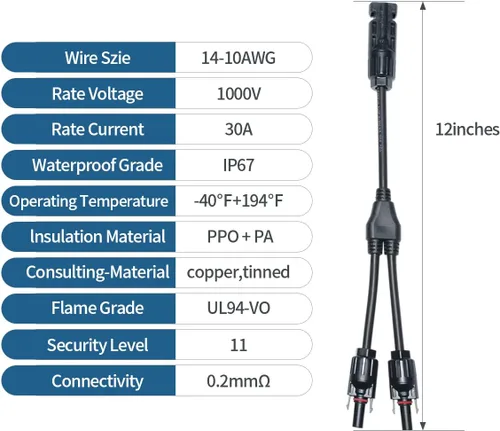 Vista 7 de ELFCULB 1 par de conectores de panel solar, 1 pie de cable adaptador paralelo de rama en Y, 1 macho a 2 hembras (M/FF) y 1 hembra a 2 machos (F/MM)