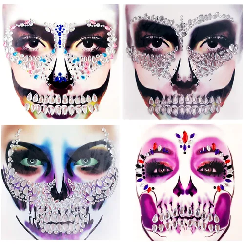 Paquete de 4 gemas de cara de Halloween, tatuaje temporal con diamantes de imitación para el Día del Cráneo Muerto, calcomanías para la cara, joyas