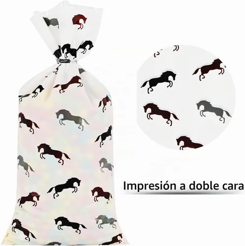 Vista 3 de Lecferrarc 100 bolsas de golosinas de caballo, bolsas de celofán con estampado de caballos, regalos de fiesta de vaquero con lazos giratorios