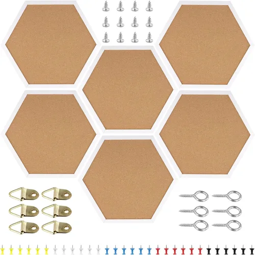 Vista 9 de HAKZEON Paquete de 6 tableros de anuncios de corcho hexagonales, tablero de corcho hexagonal, azulejos de corcho enmarcados para pared, tablero
