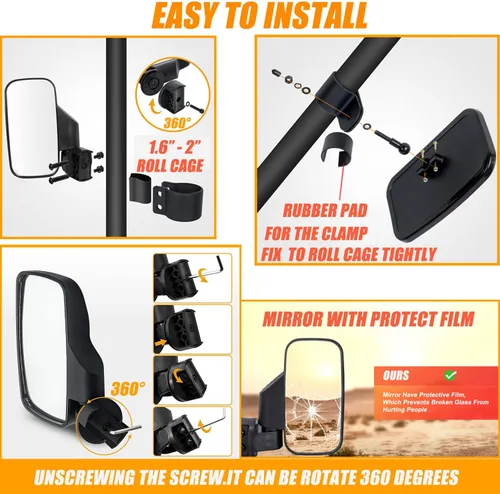 Vista 3 de RANSOTO Espejo retrovisor lateral UTV y espejo central para barra de 1.6 a 2 pulgadas, compatible con Polaris RZR Ranger Can-Am Maverick Commander