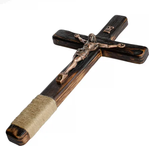 Vista 2 de Asterom Rustic Crucifix Wall Cross - Handmade Wooden Catholic Crucifix Unique Charred Oak Technique - 12 Inch