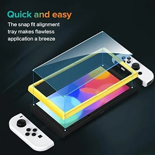 Vista 4 de ivoler Paquete de 4 Protector de pantalla de vidrio templado diseñado para Nintendo Switch OLED modelo 2021 con marco de alineación transparente HD