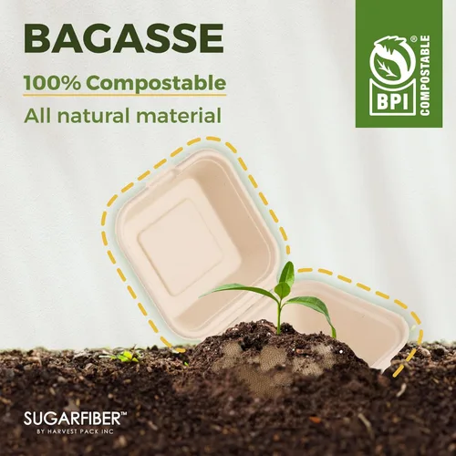 Vista 5 de [50 unidades] Paquete de cosecha de 6 x 6 pulgadas, contenedores de alimentos compostables para llevar, sin PFAS, cuadrados con tapas, caja