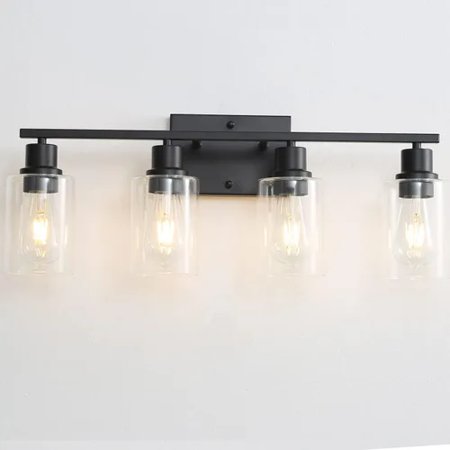 Vista 8 de Lámpara de baño dorada de 1 luces, lámpara de tocador de latón cepillado con pantalla de vidrio transparente, luces de pared de baño modernas