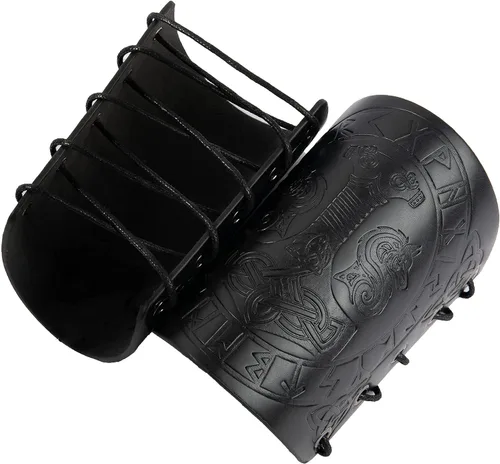 Vista 5 de Viking Leather Bracers - Medieval Guards Knight Arm LARP PU Leather Gauntlet Embossed Armor Wristband Armband Cuff
