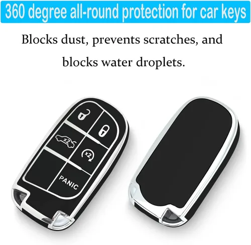 Vista 4 de Funda para llavero Jeep con llavero de cuero, TPU suave 5 botones Key Shell, Llavero Negro