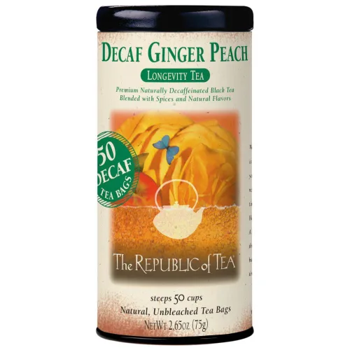 The Republic of Tea Té negro de jengibre y melocotón descafeinado, lata de 50 bolsas