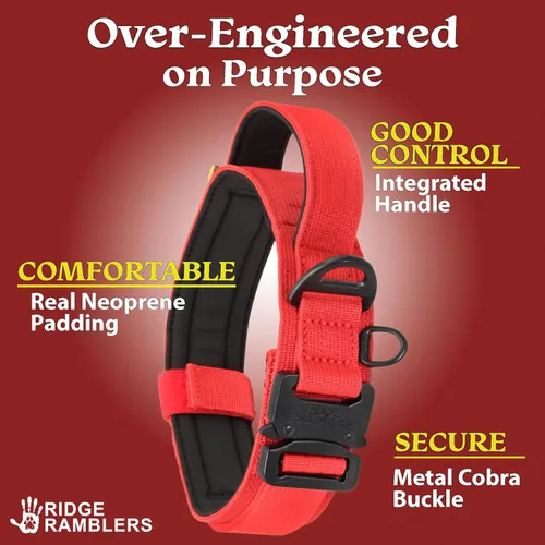 Vista 3 de Collar táctico rojo avanzado para perro con asa - Hebilla de metal resistente y ligera, acolchado de neopreno suave - Collar militar para perros