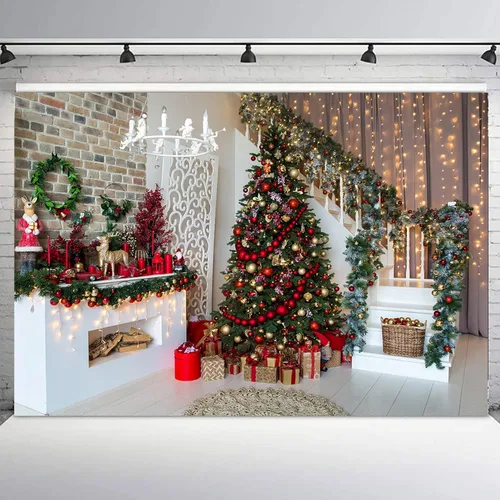 7x5ft Christmas Photography Backdrop Christmas Scene Xmas Tree Decoration Background for Photography Christmas Fireplace Photo Background for Family