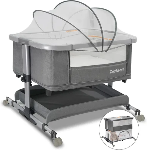 Vista 10 de Cuna para bebé, 3 en 1 Durmiente junto a la cama con colchón y laterales de malla, mosquitera, cesta de almacenamiento, con función de balanceo, 5