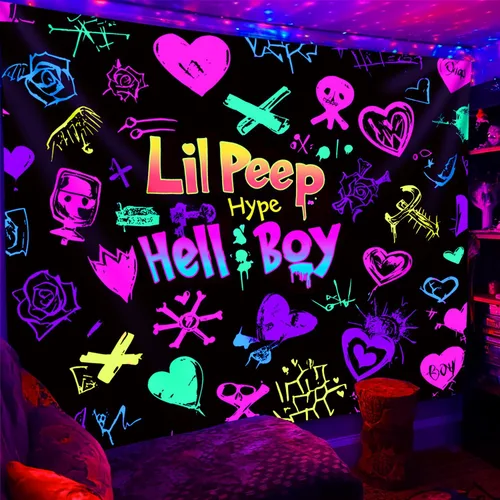 Vista 3 de PSYHILAR Tapiz de luz negra de Lil Peep para dormitorio, póster de luz negra de Hellboy, bandera UV de música de rapero (101.6 x 76.2 centímetros)
