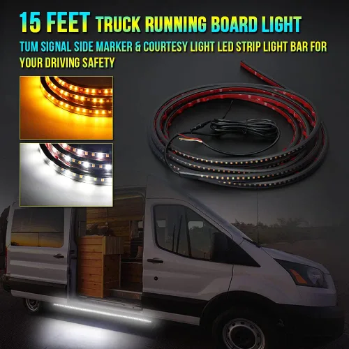 Vista 5 de 2 luces de estribo de 15 pies, marcador lateral ámbar secuencial con luces blancas de cortesía, tira de luz LED ámbar de cabina extendida de 540 LED