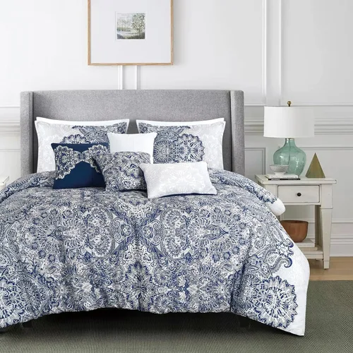 Vista 15 de ESCA Juego de edredón Hypatia beige de 7 piezas, tamaño Queen, bordado, estilo bohemio, ropa de cama floral