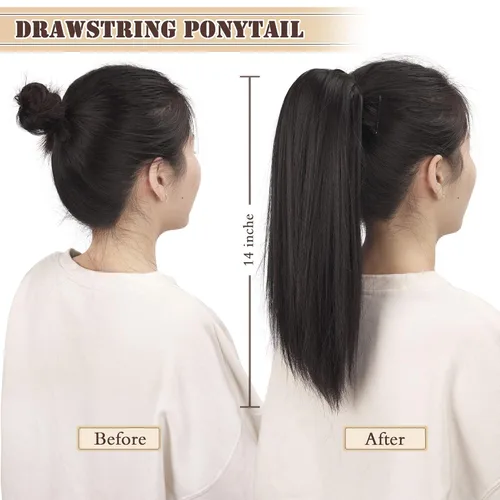 Vista 6 de BARSDAR Extensión de Cola de Caballo Corta y Recta - Extensiones de Cabello de Cola de Caballo con Cordón de 14 Pulgadas en Negro para Mujeres