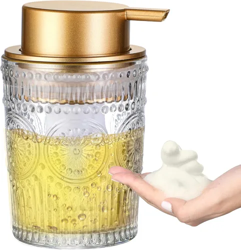 Dispensador de jabón de espuma de vidrio de 8 onzas, botellas líquidas transparentes para manos con bomba de plástico dorado, dispensador de loción