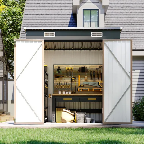 Vista 35 de Cobertizo de almacenamiento de metal negro de 10 x 10 pies, cobertizo de herramientas duradero para exteriores con construcción de acero resistente