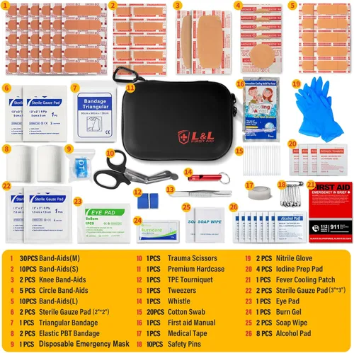 Vista 3 de Kit de primeros auxilios de 120 piezas para viajes, coche y supervivencia de emergencia, suministros médicos compactos e impermeables con vendajes