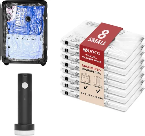 Vista 8 de Paquete de 18 bolsas de almacenamiento al vacío de viaje para ropa con bomba eléctrica recargable, cubos de embalaje de compresión para maletas