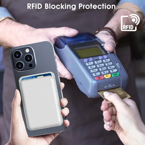 Vista 5 de ILYMUS Magsafe - Cartera magnética para iPhone serie 15141312, funda de cuero para teléfono celular, delgada, bloqueo RFID, Blanco, Elegante