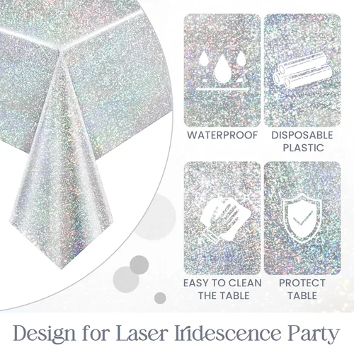 Vista 5 de 2 manteles plateados holográficos brillantes con láser de disco, manteles de plástico iridiscente de 40" x 108", funda de mesa blanca