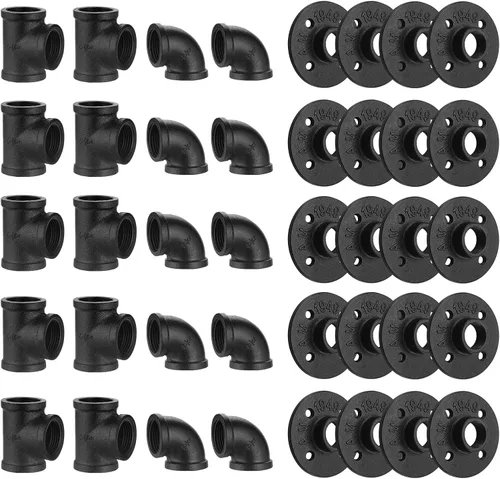 Vista 9 de Accesorio de Tubería Negra de 1", Paquete de 20 Brida de Piso/Codo/T de 1" Combo para Estilo Vintage Industrial, Bridas/Codo/T con Orificio Roscado