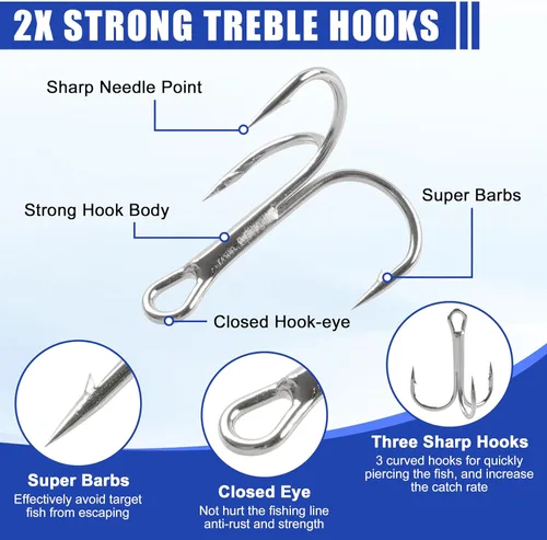 Vista 2 de Fishing Treble Hooks Assortment, Sharp Brabed Triple Fishing Hooks Set High Carbon Steel Round Bend for Trout Catfish Lures Freshwater Saltwater
