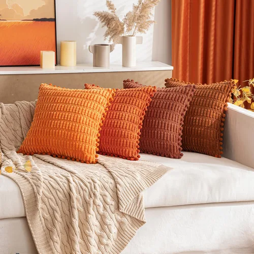 Vista 4 de MIULEE Juego de 2 fundas de almohada decorativas de pana oxidada, paquete de 2 fundas de almohada suaves con pompones, estilo bohemio, a rayas