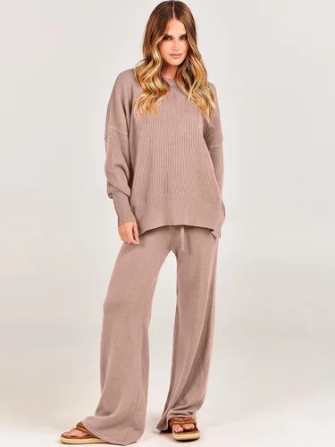 Vista 8 de ANRABESS Conjunto de 2 piezas para mujer, conjunto de suéter de gran tamaño y pantalones de pierna ancha, conjunto de descanso grueso para otoño