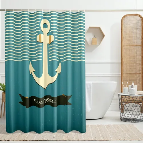 Shower Curtain Anchor Nautical Pirate Ocean Themed Coastal Bathroom Cloth Fabric Water Resistant Weighted Decorative Shower Curtain Set with