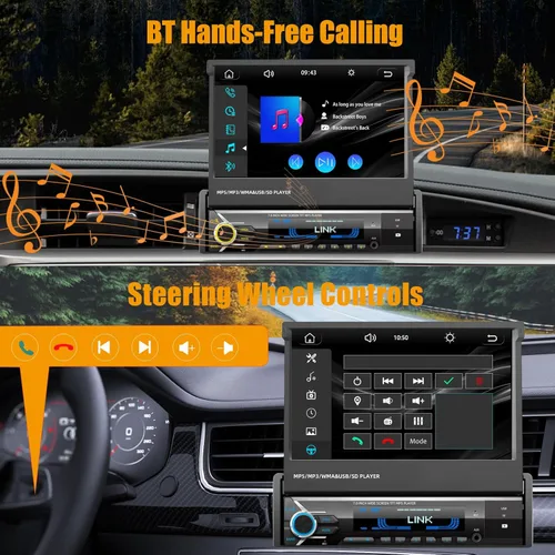 Vista 7 de [Actualización] Reproductor estéreo de coche de un solo DIN compatible con Apple Carplay y Android Auto - Pantalla táctil motorizada abatible de 7