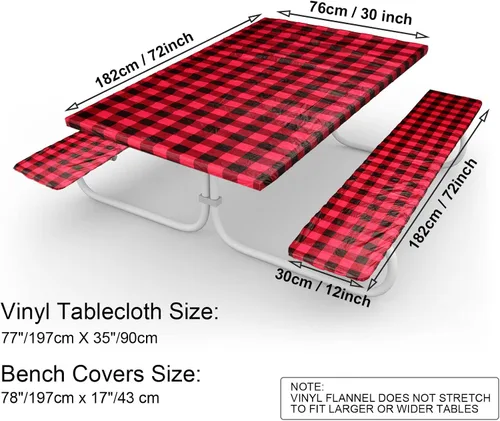Vista 2 de BBTO Juego de mesa y banco de picnic de vinilo de 72 x 30 pulgadas, funda de mesa elástica impermeable con parte trasera de franela, funda ajustable