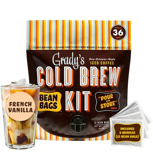GRADY'S COLD BREW, Vainilla francesa, 100% café molido arábica y bolsas de achicoria, kit de preparación fría todo en uno con 12 bolsas fáciles de