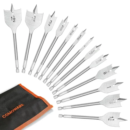 COMOWARE Juego de 13 brocas de pala – Juego de brocas planas de paleta para carpintería, vástago hexagonal, acero al carbono, 1/4"-1-1/2", soporte