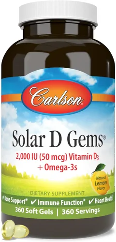 Vista 5 de Carlson - Gemas solares D, suplemento de vitamina D3 y Omega-3, 2000 UI (50 mcg) de vitamina D3, 115 mg de Omega-3 EPA y DHA Suplemento, capturado