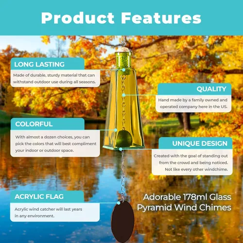 Vista 2 de Blue Ridge Mountain Gifts Campanilla de viento de botella piramidal para decoración de jardín y porche con acento de cobre, bola de madera manchada