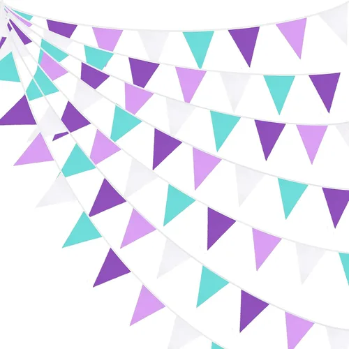 Vista 8 de Bandera triangular de mariposa rosa y morada de 32 pies, banderines de tela para cumpleaños, boda, baby shower, lavanda, sirena, niñas, decoración