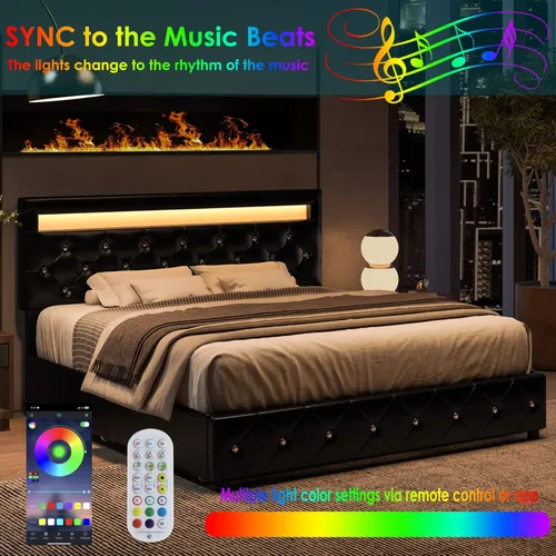 Vista 4 de Keyluv Base de cama LED tapizada tamaño King con 4 cajones de almacenamiento y cabecera capitonada ajustable con botón de cristal, plataforma