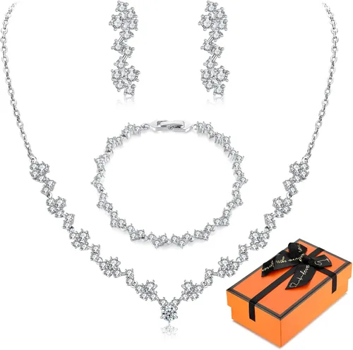 Bridal Jewelry Set for Wedding Jewelry Sets for Women Cubic Zirconia Necklace Dangle Earrings Bracelet Set Hypoallergenic Wedding Jewelry For Bride
