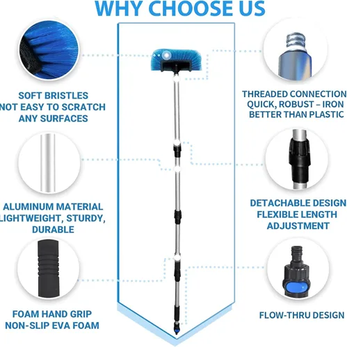Vista 4 de Ultimate RV/Truck - Kit de cepillo de lavado de 68 pulgadas con poste de aluminio ajustable con manguera de flujo, cerdas suaves con escobilla